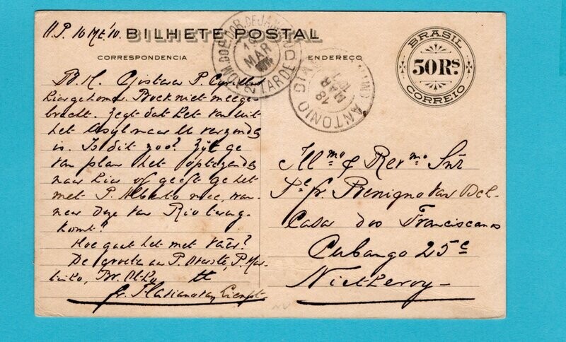 BRAZIL illustrated postal card 1910 Antonio Dias to Niteroy