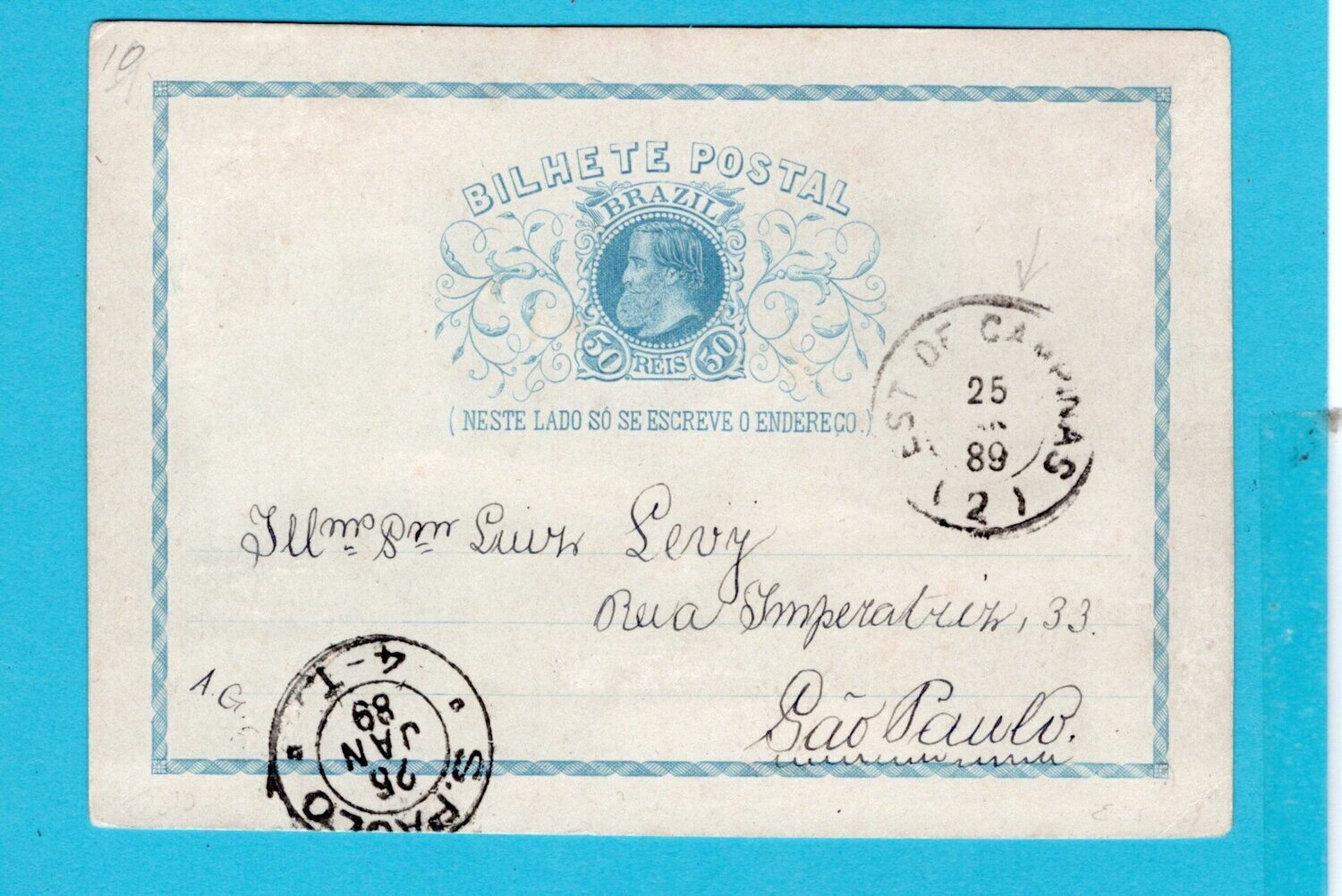BRAZIL postal card 1889 Est de Campinas to São Paulo
