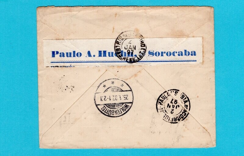BRAZIL R uprated envelope 1897 Sorocaba to Germany