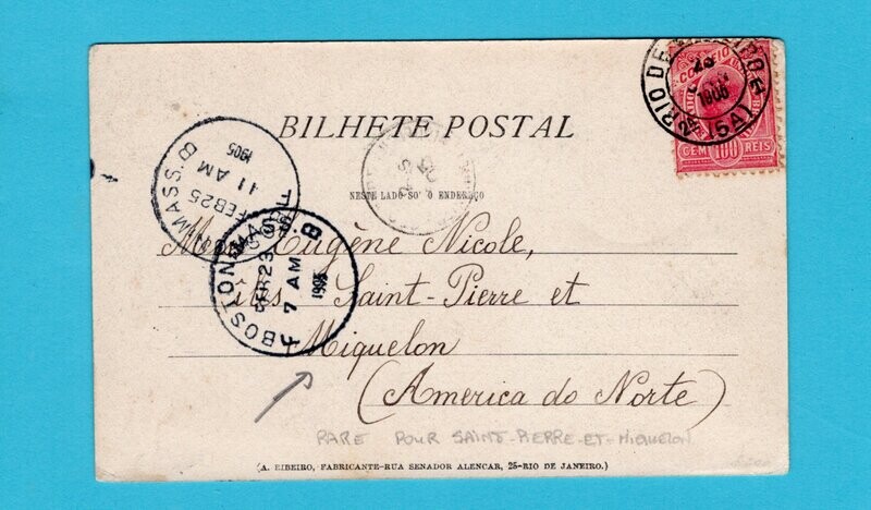 BRAZIL PPC 1906 Rio de Janeiro to St Pierre et Miquelon