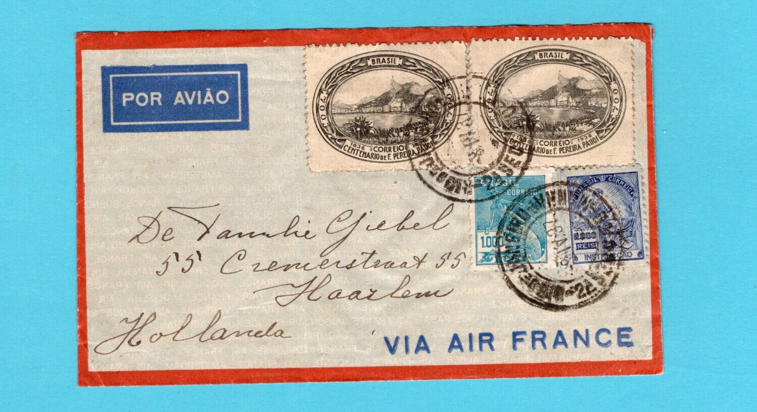 BRAZIL Air France cover 1937 Rio de Janeiro to Haarlem, Netherlands