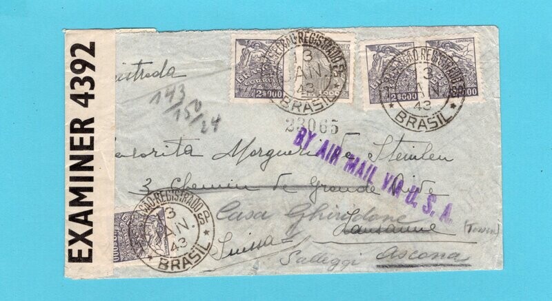 BRAZIL R air censor cover 1943 São Paulo to Switzerland