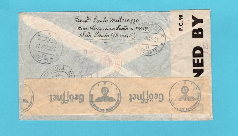 BRAZIL R air censor cover 1943 São Paulo to Switzerland