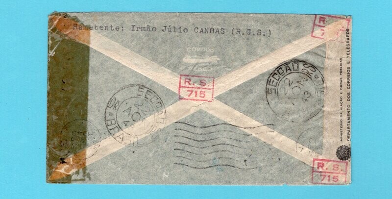 BRAZIL censor air cover 1943 Canoas to USA