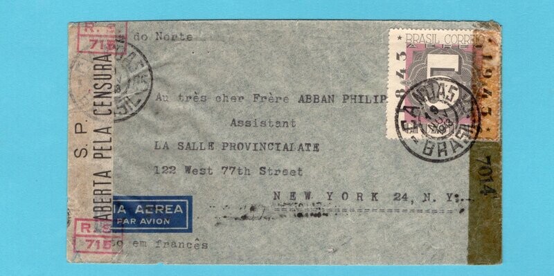 BRAZIL censor air cover 1943 Canoas to USA