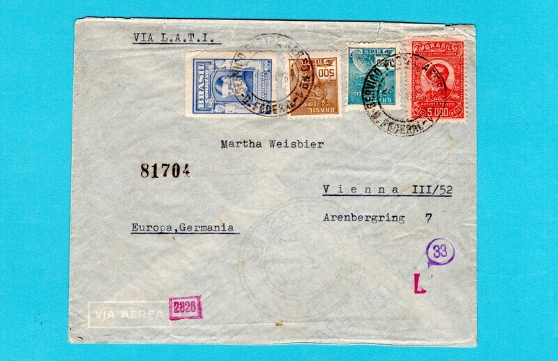 BRAZIL LATI air censor cover 1941 Distr. Fed to Vienna, Germany