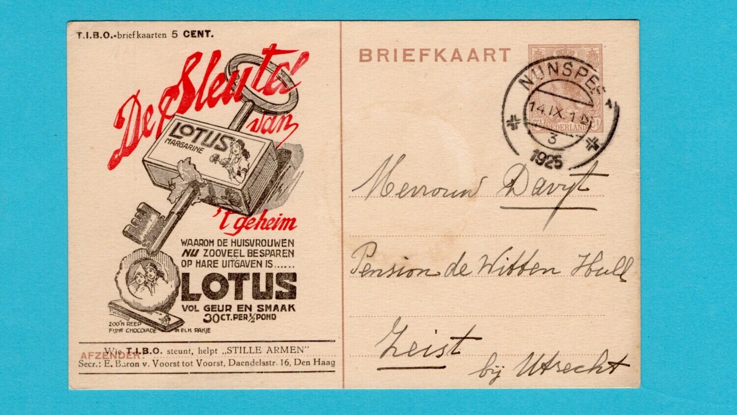 NEDERLAND T.I.B.O. briefkaart Lotus margarine 1925 Nunspeet