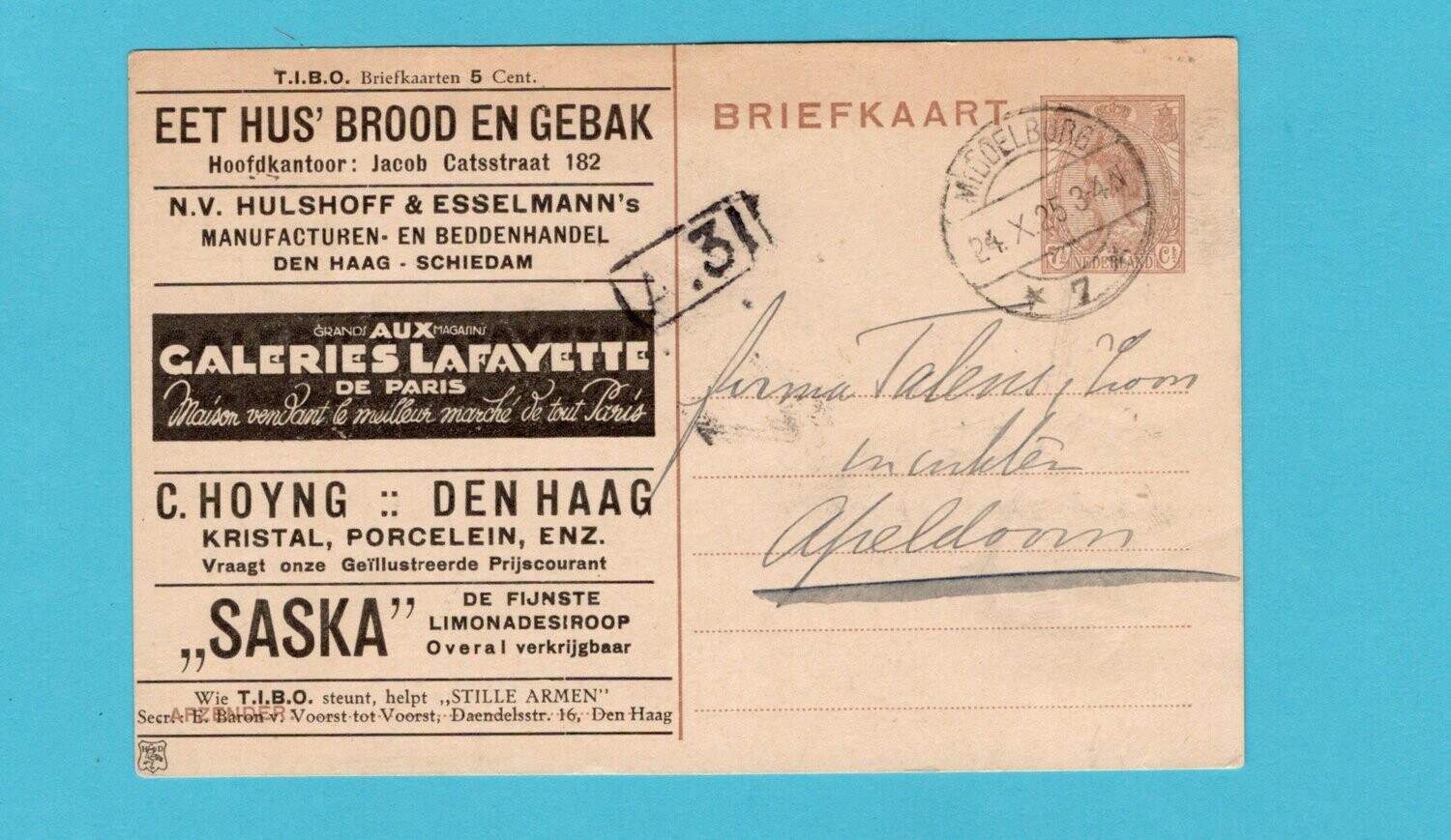 NEDERLAND T.I.B.O. briefkaart met reclame 1925 Middelburg