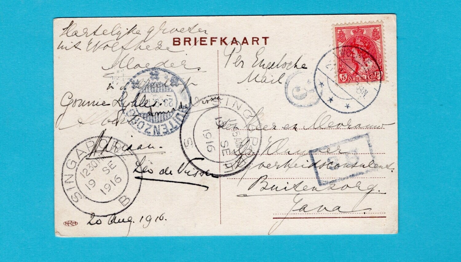 NEDERLAND prentbriefkaart 1916 Wolfheze via Singapore naar Indië