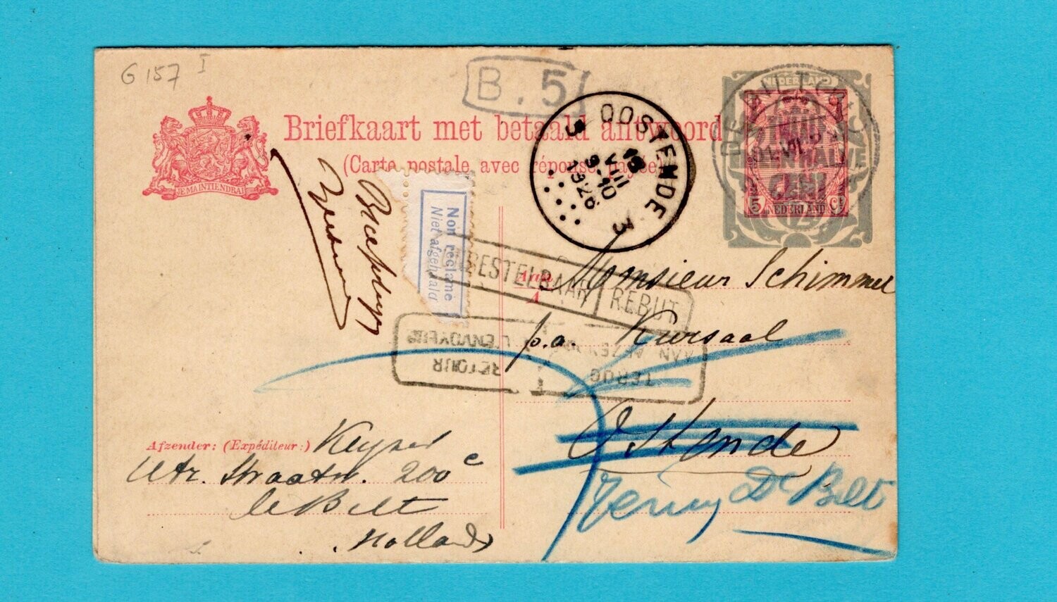 NEDERLAND briefkaart met antwoord 1926 de Bilt naar België