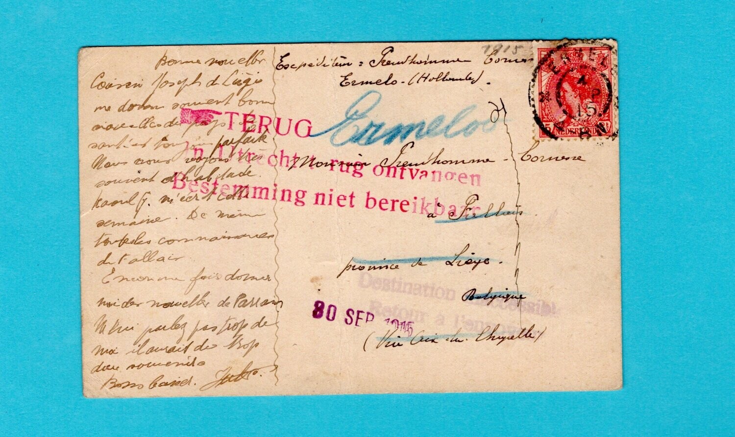 NEDERLAND briefkaart 1915 Ermelo naar België -verbinding verbroken