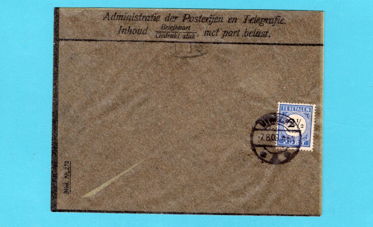 NEDERLAND PTT envelop met 2,5ct port 1909 Utrecht