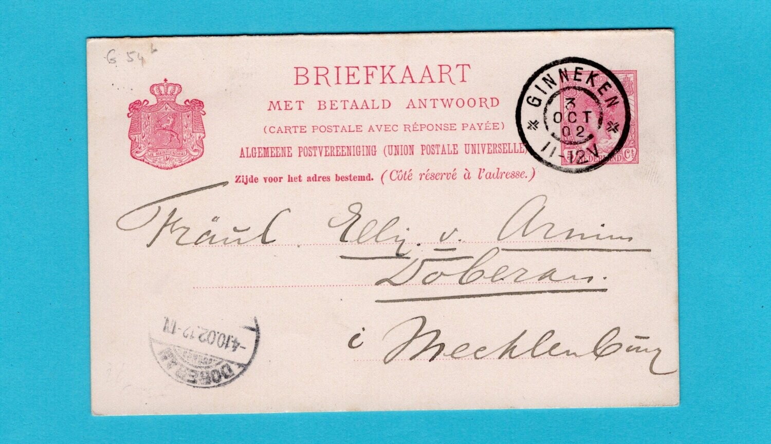 NEDERLAND briefkaart met antwoord 1902 Ginneken naar Duitsland