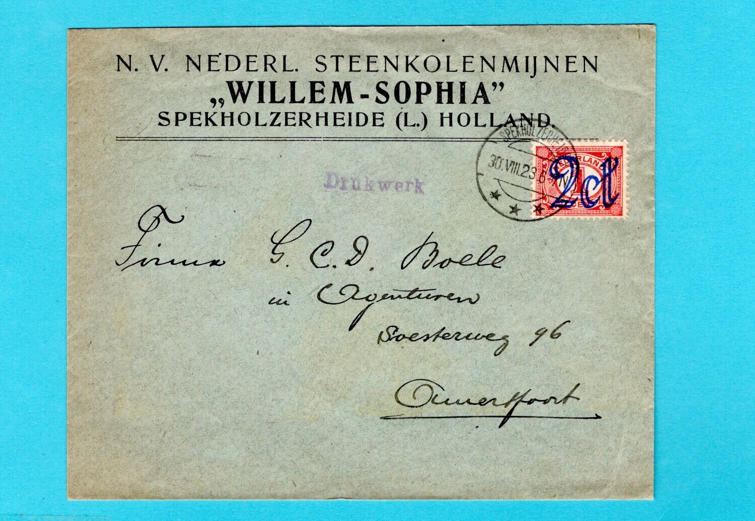 NEDERLAND brief kolenmijn Willem-Sophia 1923 Spekholzerheide