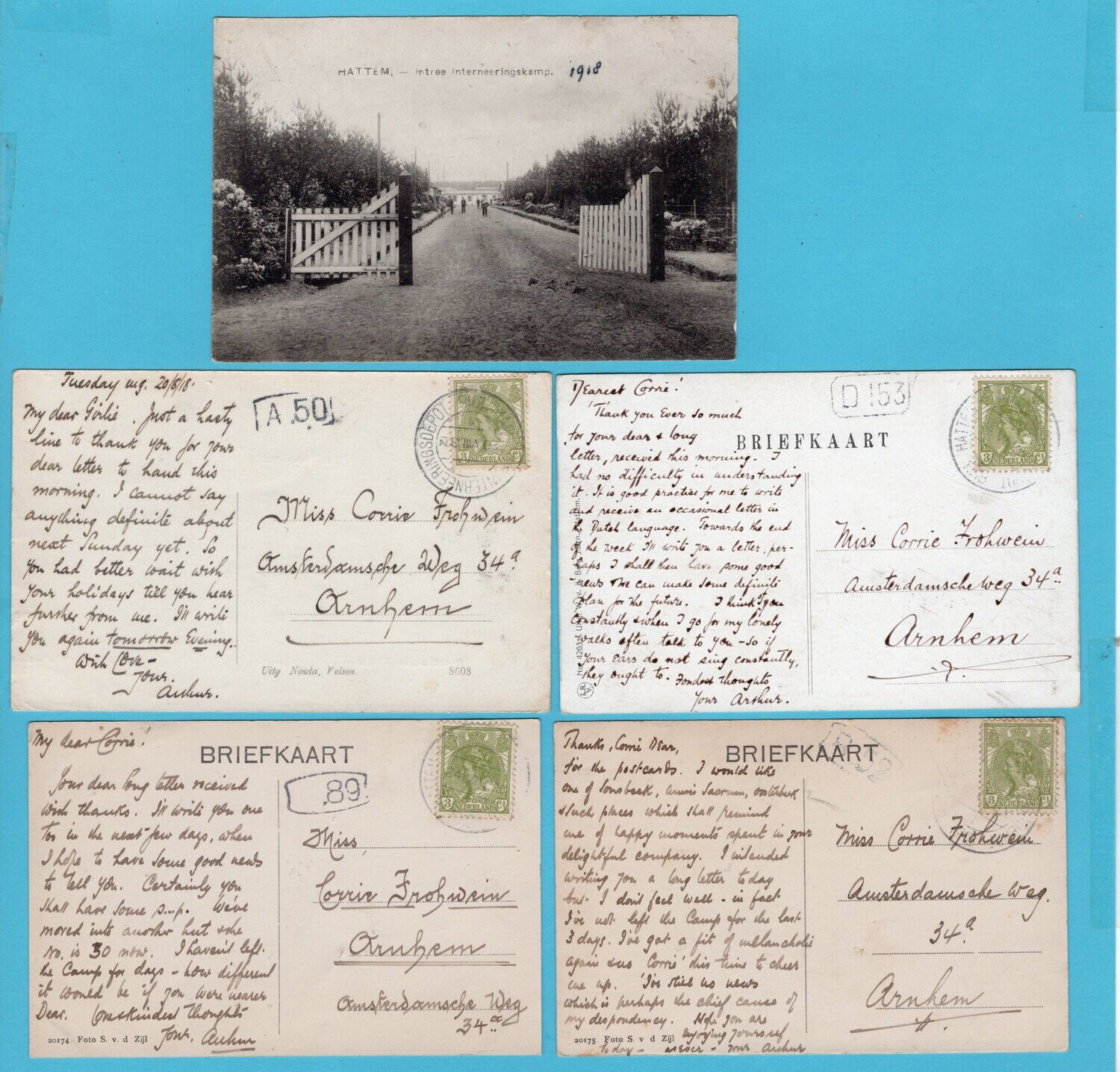 NEDERLAND 5 prentbriefkaarten 1918 Hattem Interneringsdepot