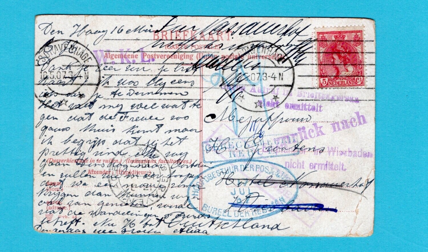 NEDERLAND prentbriefkaart 1907 Den Haag naar Duitsland retour