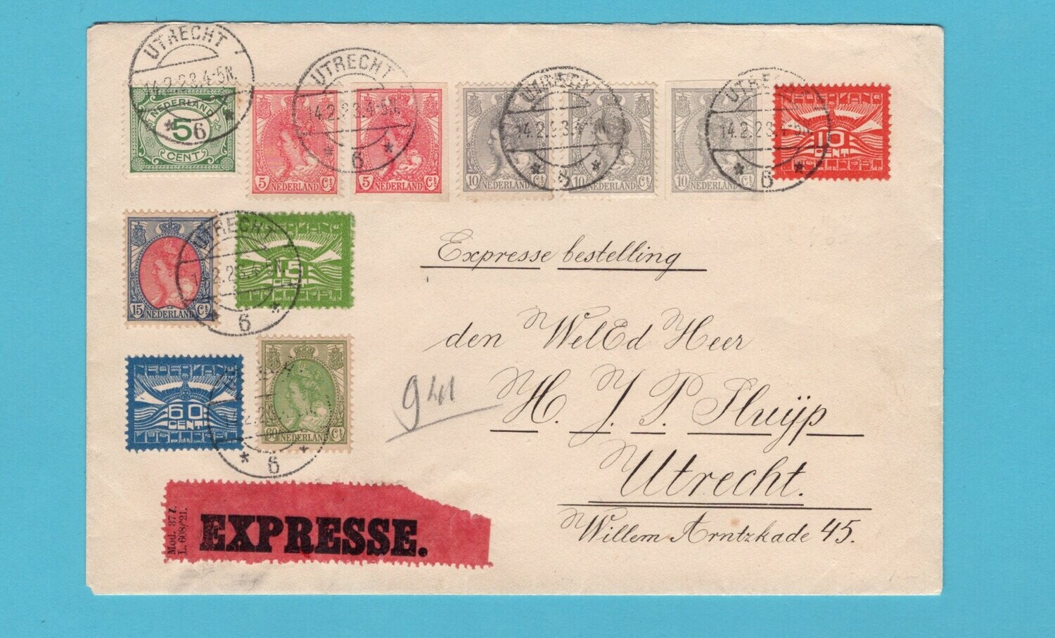 NEDERLAND expres brief 1923 Utrecht met LP 1-3