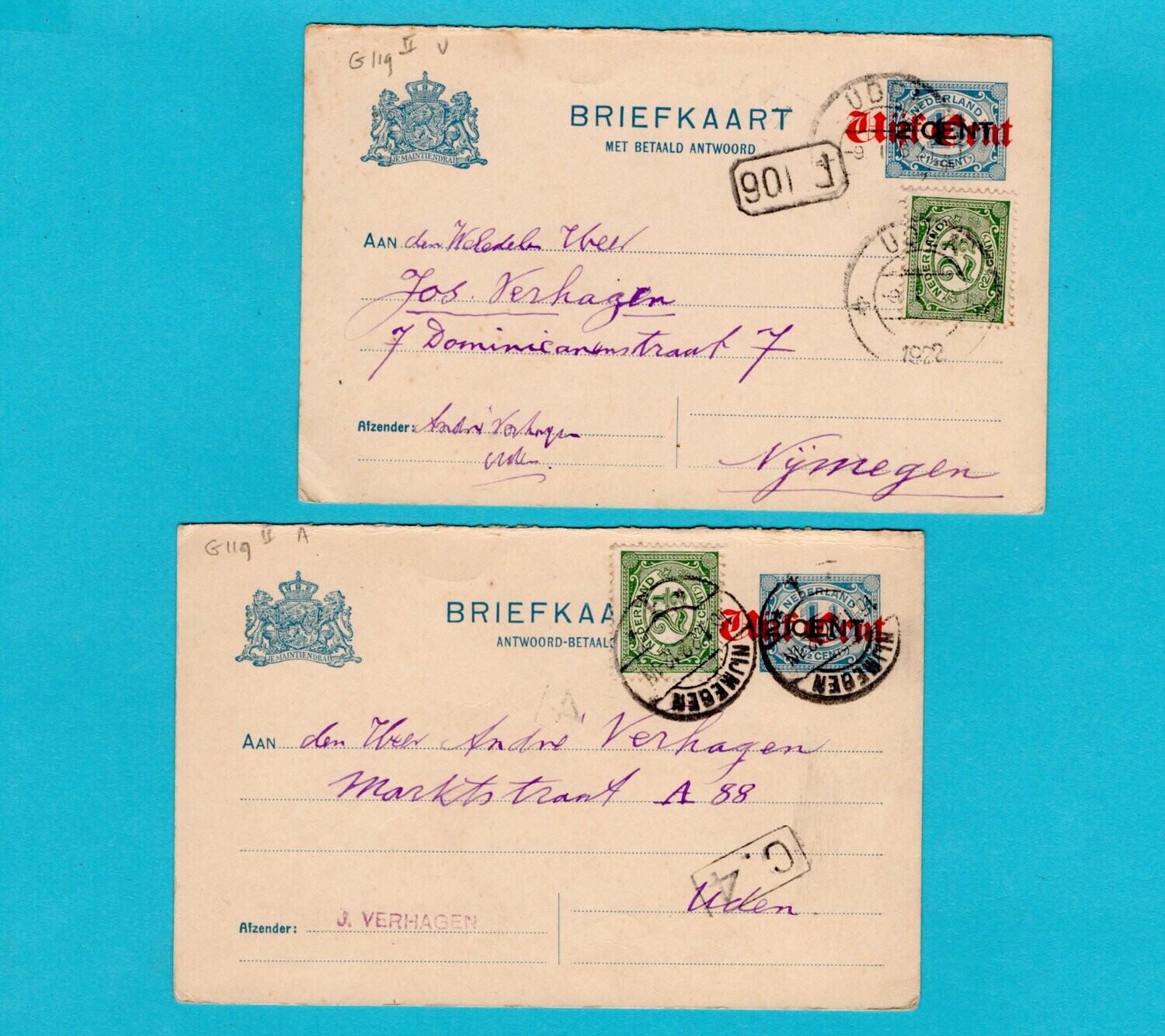 NEDERLAND vraag en antwoord briefkaart 1922 Uden - Nijmegen