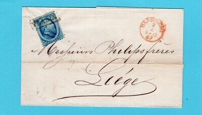 NEDERLAND brief 1867 Maastricht (proefstempel) naar België