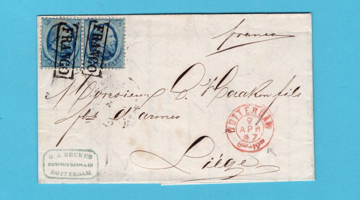 NEDERLAND brief 1867 Rotterdam naar Liège, België