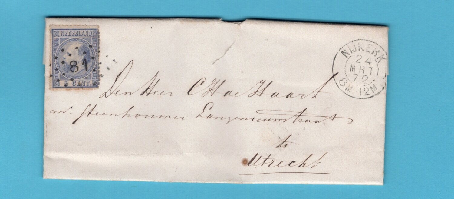 NEDERLAND brief 1872 Nijkerk puntstempel 81 naar Utrecht