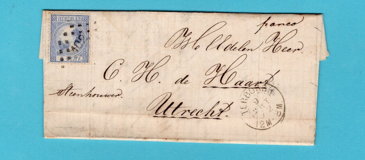 NEDERLAND brief 1872 Terborgh puntstempel 102 naar Utrecht