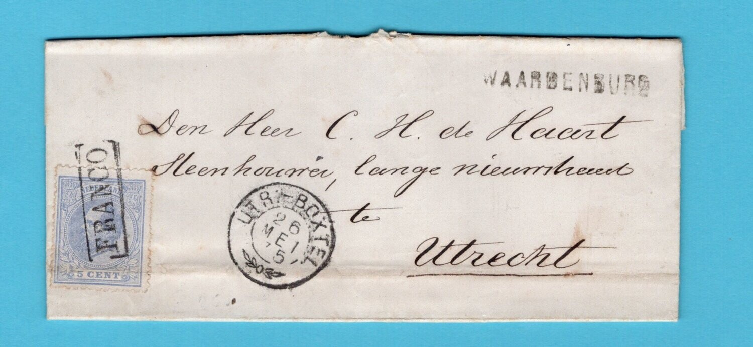 NEDERLAND briefje 1875 Waardenburg + Utr:-Boxtel takje