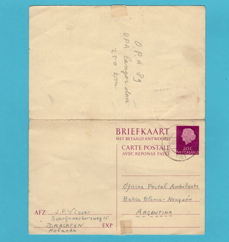 ARGENTINA postal card Netherlands with paid reply 1961 traincancel