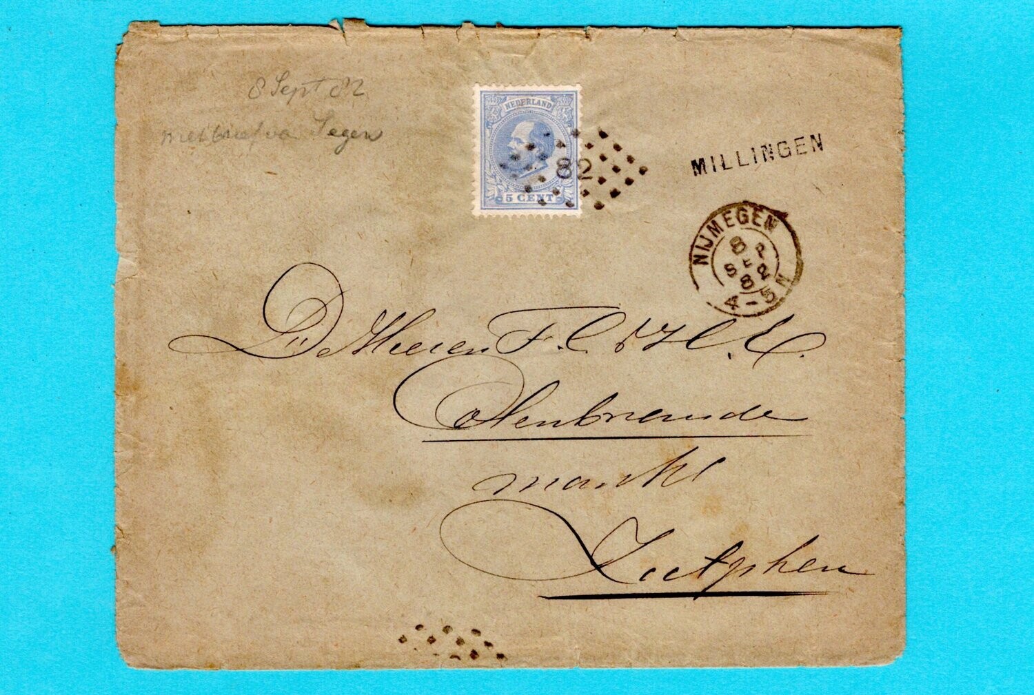 NEDERLAND brief 1882 Millingen puntstempel 82 naar Zutphen