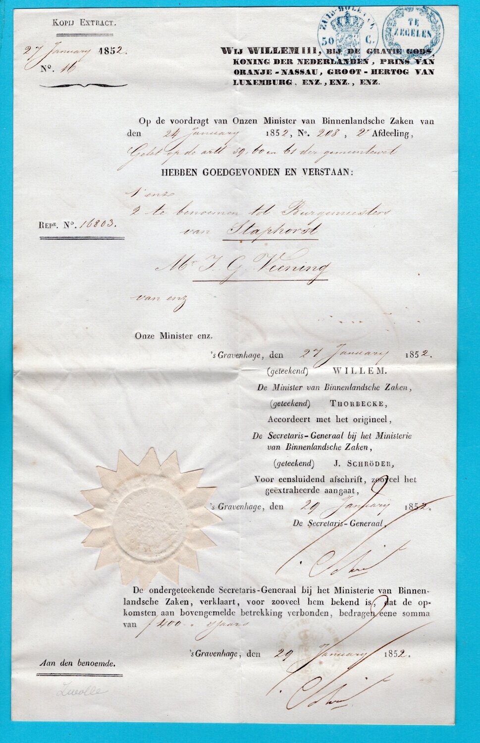 NEDERLAND document 1852 benoeming Staphorst burgemeester