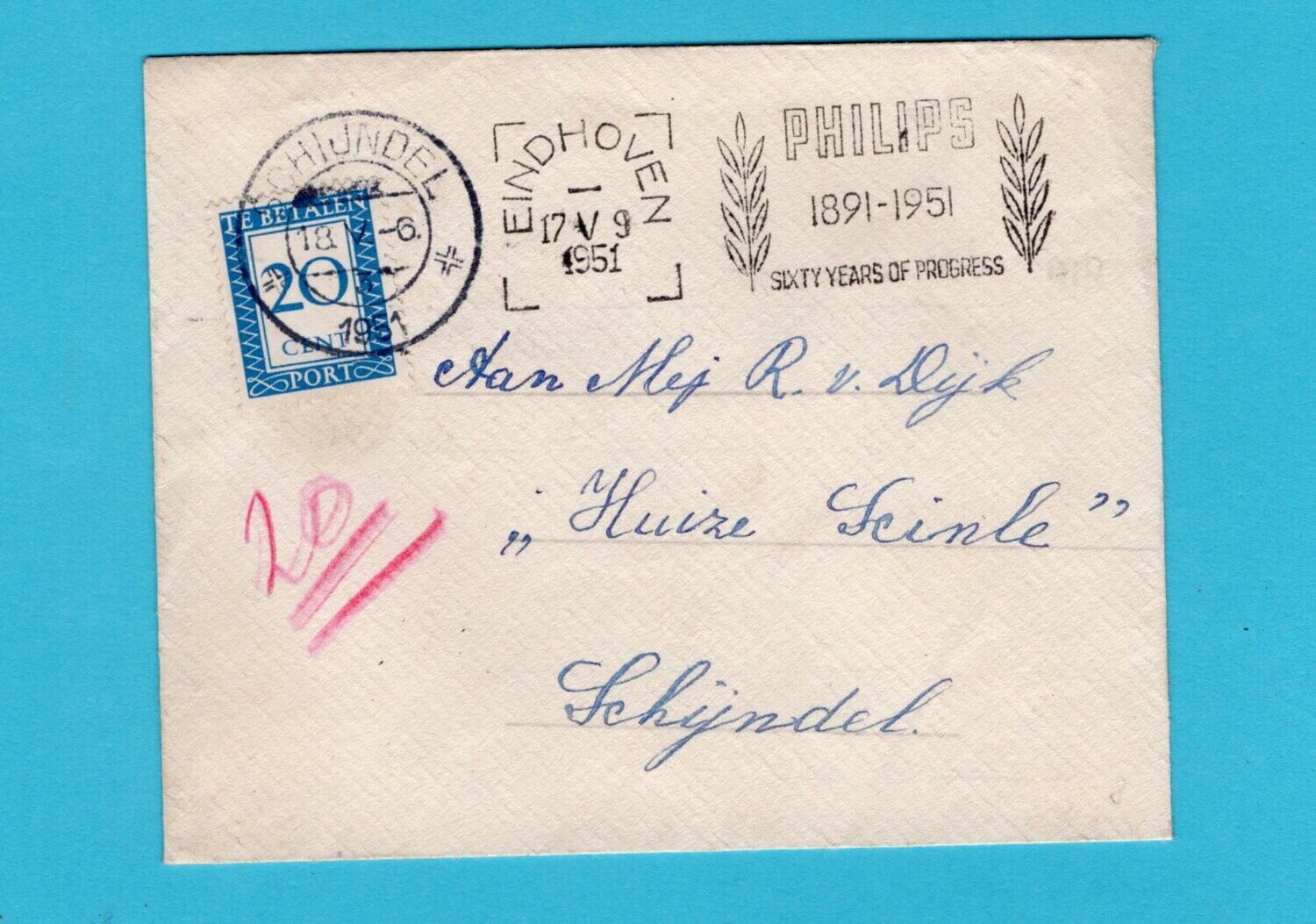 NEDERLAND brief 1951 Eindhoven met port belast Schijndel