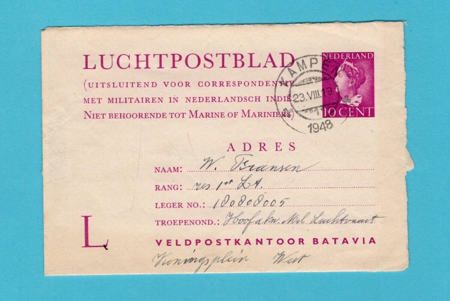 NEDERLANDS luchtpostblad 1948 Kampen naar Nederlands Indië