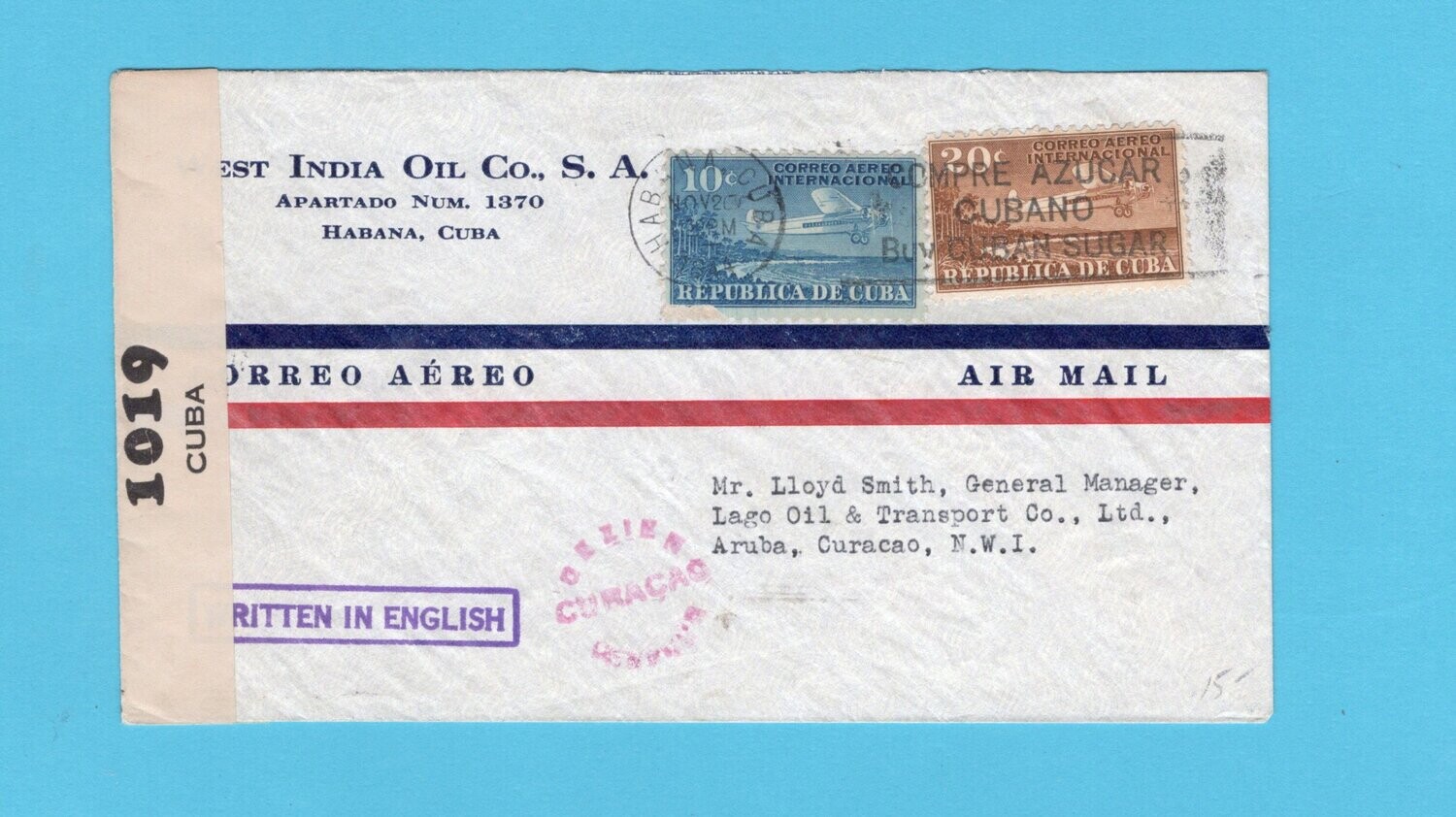 CUBA censor air cover 1944 Habana to Aruba