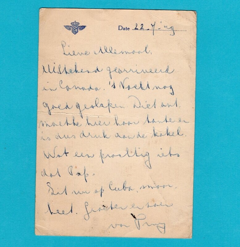 CUBA KLM air card 1949 at plane Pontianak to Netherlands