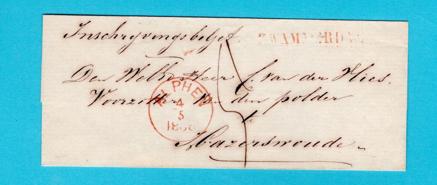 NEDERLAND briefomslag 1868 (?) Zwammerdam naar Hazerswoude