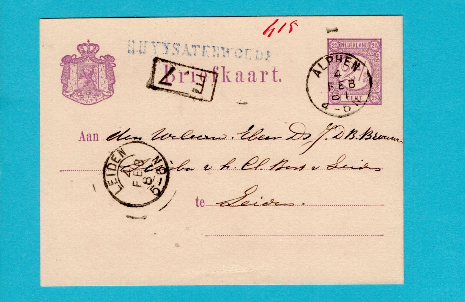 NEDERLAND briefkaart 1881 Rhynsaterwoude - Alphen naar Leiden