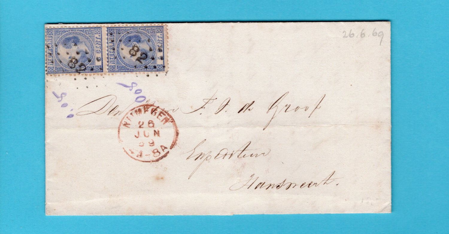 NEDERLAND brief 1869 Nijmegen -puntstempel &quot;82&quot; naar Hansweert