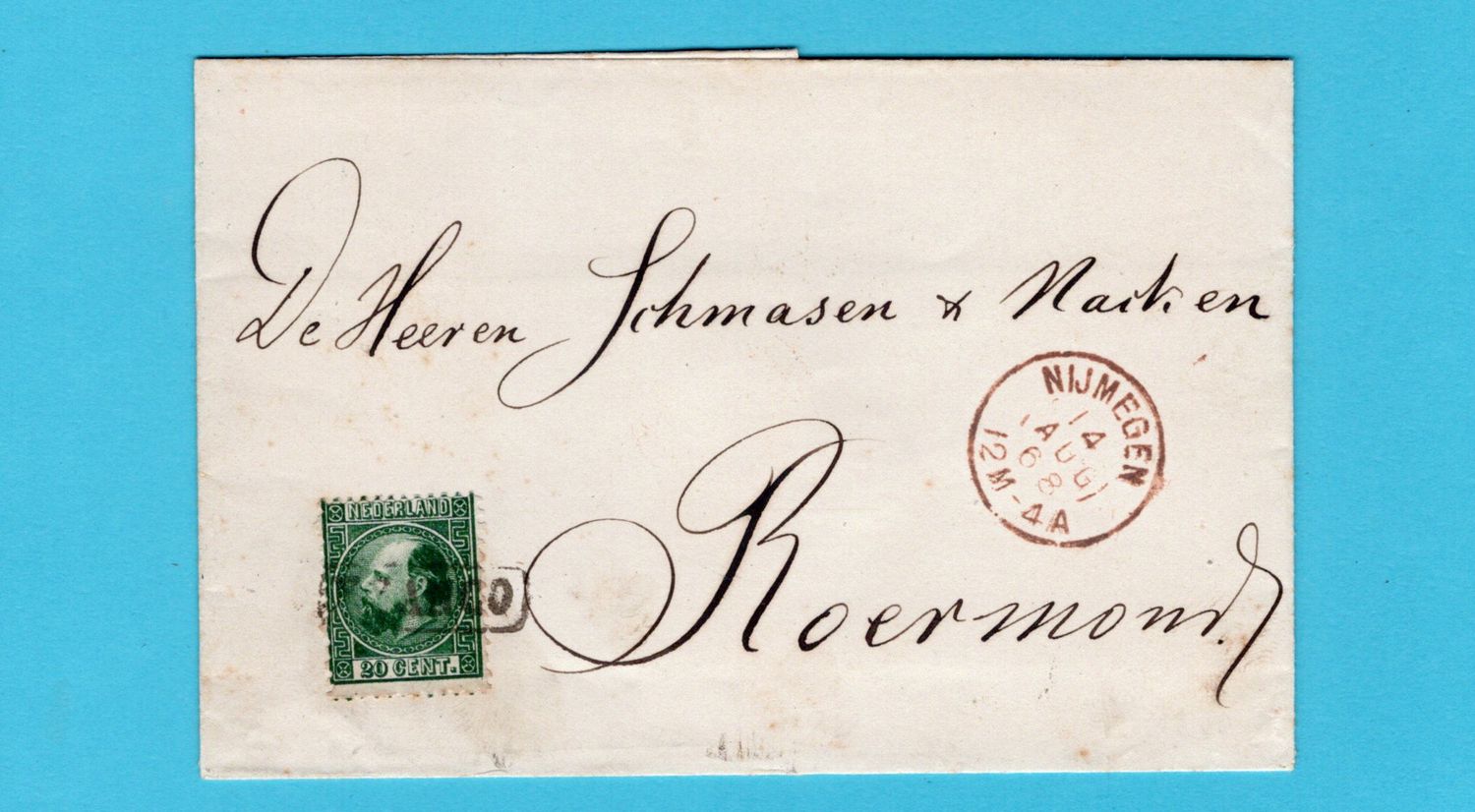 NEDERLAND brief 1868 Nijmegen naar Roermond met 20ct frankering