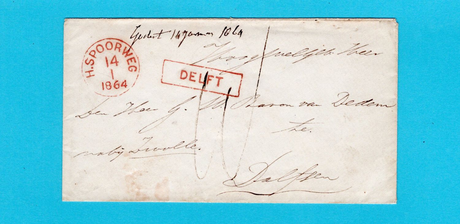 NEDERLAND brief 1864 Delft met H.S. Spoorweg naar Dalfsen