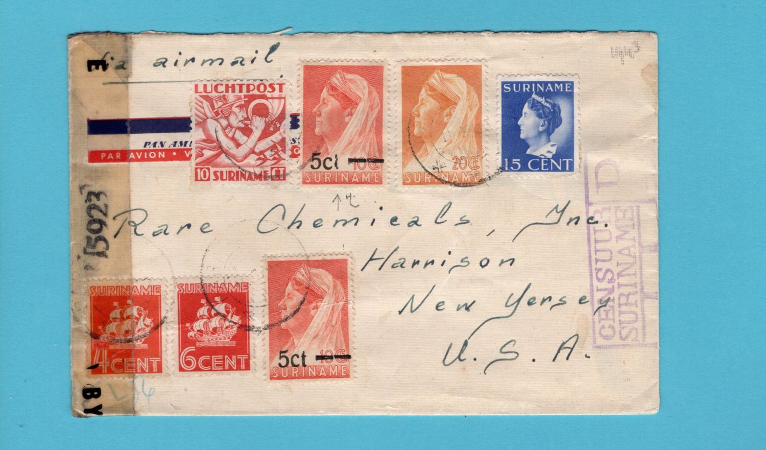 SURINAME gecensureerde lp brief 1943 Paramaribo naar USA