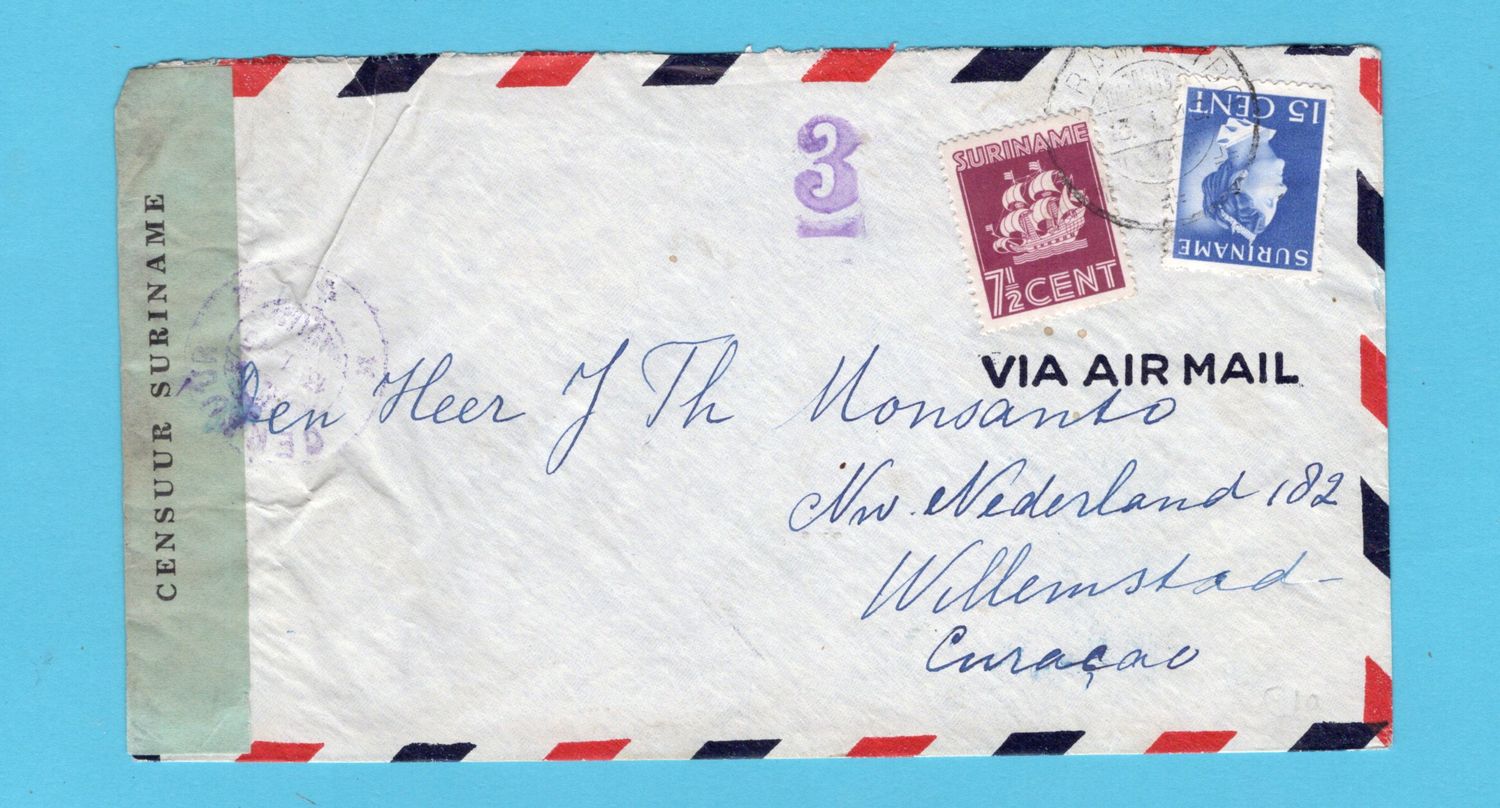 SURINAME censuur lp brief 1945 Paramaribo naar Curaçao