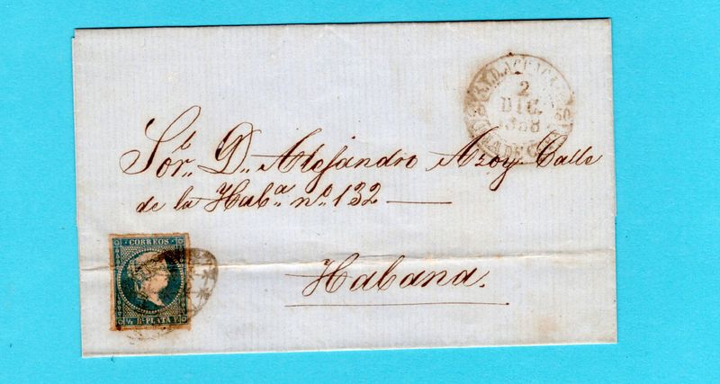 CUBA cover sheet 1858 Aguacate (?) to Habana