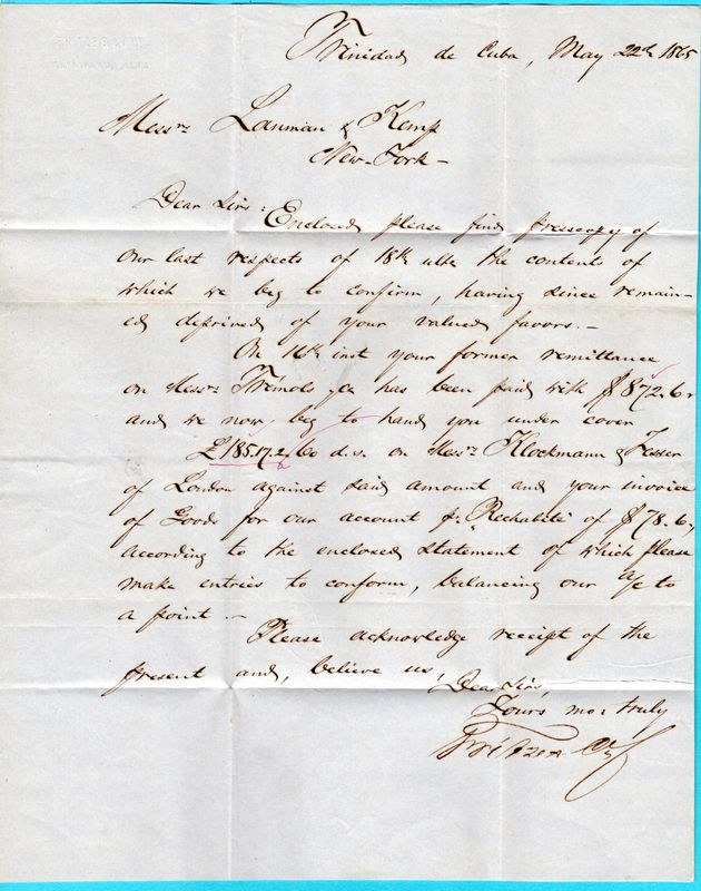 CUBA entire 1858 Trinidad de Cuba by forwarding to New York, USA