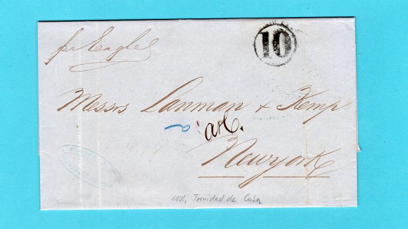 CUBA entire 1858 Trinidad de Cuba by forwarding to New York, USA
