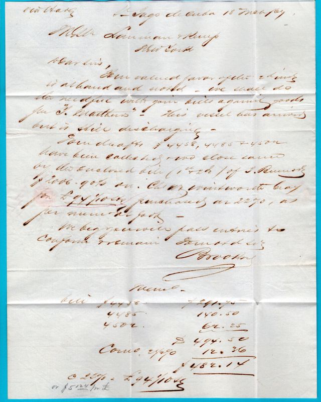 CUBA entire 1867 Santiago de Cuba by forwarding to New York, USA