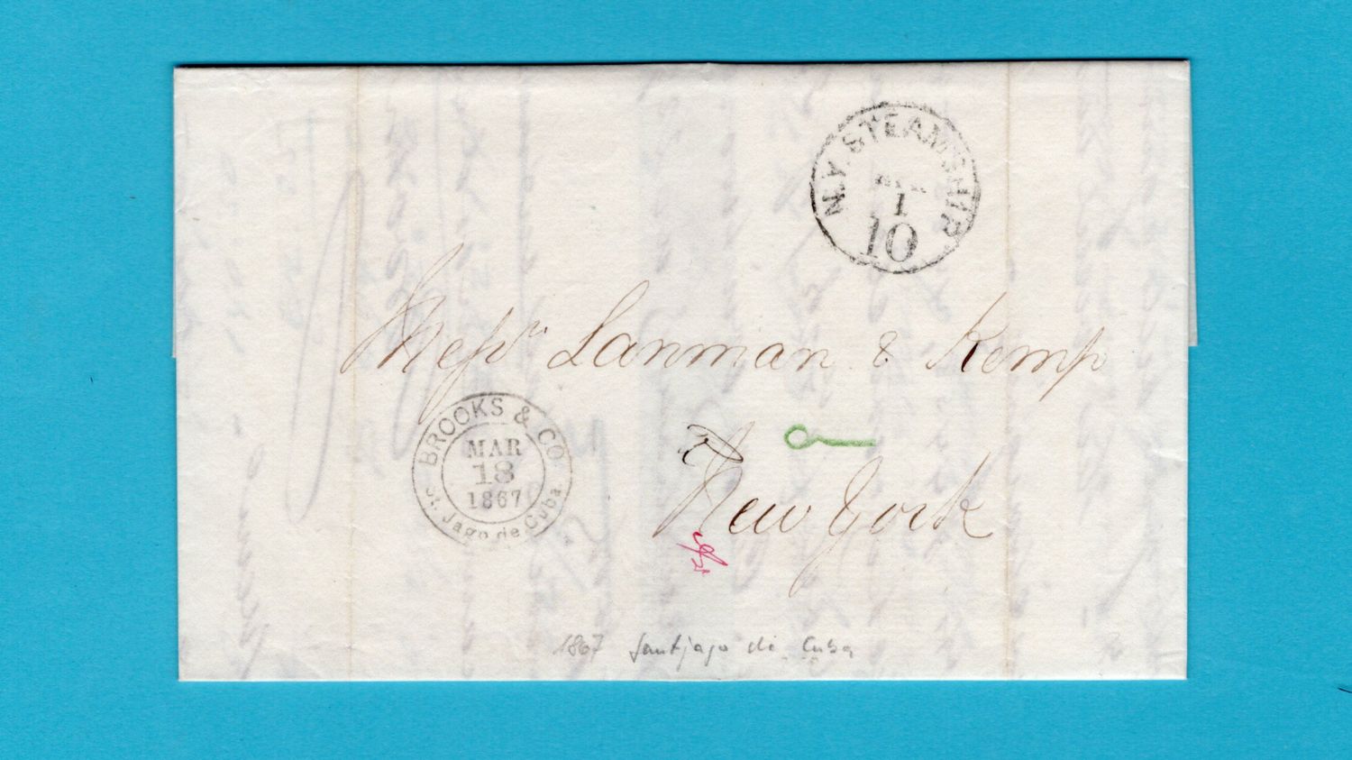 CUBA entire 1867 Santiago de Cuba by forwarding to New York, USA