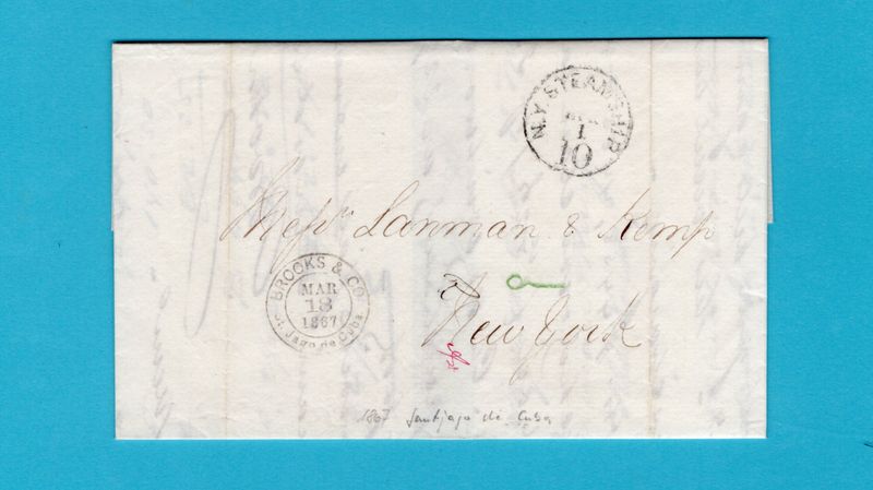 CUBA entire 1867 Santiago de Cuba by forwarding to New York, USA