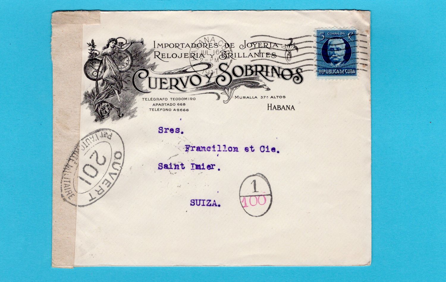CUBA censored cover 1917 Habana to Switzerland