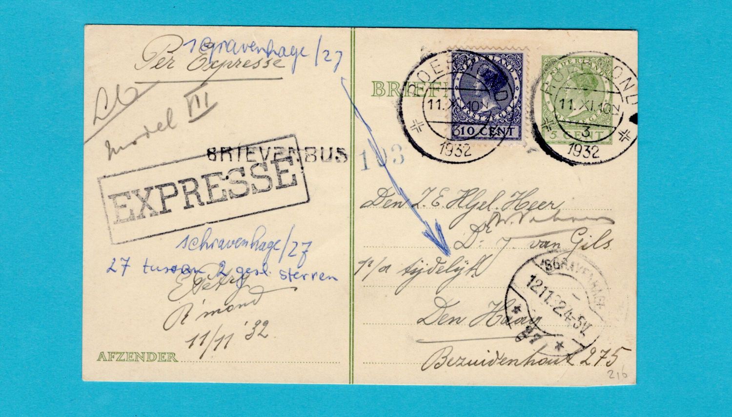 NEDERLAND briefkaart per expresse 1932 Roermond naar Den Haag