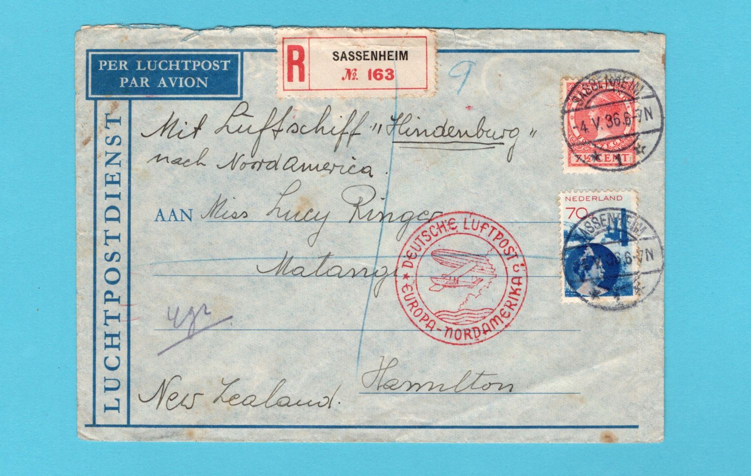 NEDERLAND zeppelin R brief 1936 Sassenheim naar New Zealand